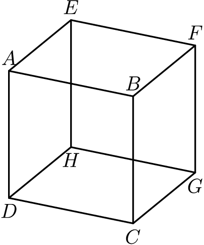 [asy] import three; currentprojection=orthographic(1/2,-1,1/2); /* three - currentprojection, orthographic */ draw((0,0,0)--(1,0,0)--(1,1,0)--(0,1,0)--cycle); draw((0,0,0)--(0,0,1)); draw((0,1,0)--(0,1,1)); draw((1,1,0)--(1,1,1)); draw((1,0,0)--(1,0,1)); draw((0,0,1)--(1,0,1)--(1,1,1)--(0,1,1)--cycle); label("$D$",(0,0,0),S); label("$A$",(0,0,1),N); label("$H$",(0,1,0),S); label("$E$",(0,1,1),N); label("$C$",(1,0,0),S); label("$B$",(1,0,1),N); label("$G$",(1,1,0),S); label("$F$",(1,1,1),N); [/asy]