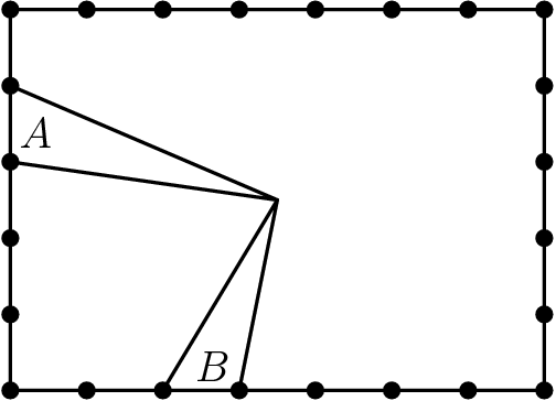 [asy] int i; for(i=0; i<8; i=i+1) { dot((i,0)^^(i,5)); } for(i=1; i<5; i=i+1) { dot((0,i)^^(7,i)); } draw(origin--(7,0)--(7,5)--(0,5)--cycle, linewidth(0.8)); pair P=(3.5, 2.5); draw((0,4)--P--(0,3)^^(2,0)--P--(3,0)); label("$B$", (2.3,0), NE); label("$A$", (0,3.7), SE); [/asy]