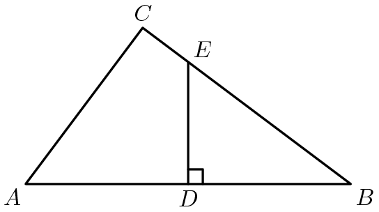 [asy] unitsize(7); defaultpen(linewidth(.8pt)+fontsize(10pt)); pair A,B,C,D,E; A=(0,0); B=(20,0); C=(36/5,48/5); D=(10,0); E=(10,75/10); draw(A--B--C--cycle); draw(D--E); label("$A$",A,SW); label("$B$",B,SE); label("$C$",C,N); label("$D$",D,S); label("$E$",E,NE); draw(rightanglemark(B,D,E,30)); [/asy]