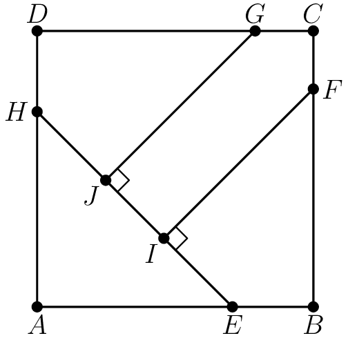 [asy] real x=2sqrt(2); real y=2sqrt(16-8sqrt(2))-4+2sqrt(2); real z=2sqrt(8-4sqrt(2)); pair A, B, C, D, E, F, G, H, I, J; A = (0,0); B = (4,0); C = (4,4); D = (0,4); E = (x,0); F = (4,y); G = (y,4); H = (0,x); I = F + z * dir(225); J = G + z * dir(225); draw(A--B--C--D--A); draw(H--E); draw(J--G^^F--I); draw(rightanglemark(G, J, I), linewidth(.5)); draw(rightanglemark(F, I, E), linewidth(.5)); dot("$A$", A, S); dot("$B$", B, S); dot("$C$", C, dir(90)); dot("$D$", D, dir(90)); dot("$E$", E, S); dot("$F$", F, dir(0)); dot("$G$", G, N); dot("$H$", H, W); dot("$I$", I, SW); dot("$J$", J, SW); [/asy]