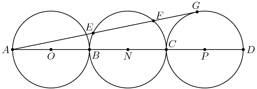 [asy] size(250); defaultpen(fontsize(10)); pair A=origin, O=(1,0), B=(2,0), N=(3,0), C=(4,0), P=(5,0), D=(6,0), G=tangent(A,P,1,2), E=intersectionpoints(A--G, Circle(N,1))[0], F=intersectionpoints(A--G, Circle(N,1))[1]; draw(Circle(O,1)^^Circle(N,1)^^Circle(P,1)^^G--A--D, linewidth(0.7)); dot(A^^B^^C^^D^^E^^F^^G^^O^^N^^P); label("$A$", A, W); label("$B$", B, SE); label("$C$", C, NE); label("$D$", D, dir(0)); label("$P$", P, S); label("$N$", N, S); label("$O$", O, S); label("$E$", E, dir(120)); label("$F$", F, NE); label("$G$", G, dir(100));[/asy]
