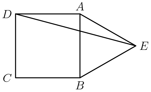 [asy] real s=sqrt(3)/2; draw(box((0,0),(1,1))); draw((1+s,0.5)--(1,1)); draw((1+s,0.5)--(1,0)); draw((0,1)--(1+s,0.5)); label("$A$",(1,1),N); label("$B$",(1,0),S); label("$C$",(0,0),W); label("$D$",(0,1),W); label("$E$",(1+s,0.5),E); //Credit to TheMaskedMagician for the diagram[/asy]