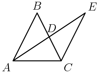 [asy] size(100); draw((0,0)--(2,4)--(4,0)--(6,4)--cycle--(4,0),linewidth(1)); label("$A$", (0,0), SW); label("$B$", (2,4), N); label("$C$", (4,0), SE); label("$D$", shift(0.2,0.1)*intersectionpoint((0,0)--(6,4),(2,4)--(4,0)), N); label("$E$", (6,4), NE);[/asy]