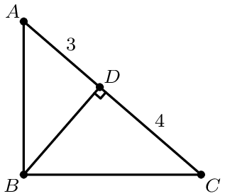 [asy] unitsize(5mm); defaultpen(linewidth(.8pt)+fontsize(8pt)); dotfactor=4; pair B=(0,0), C=(sqrt(28),0), A=(0,sqrt(21)); pair D=foot(B,A,C); pair[] ps={B,C,A,D}; draw(A--B--C--cycle); draw(B--D); draw(rightanglemark(B,D,C)); dot(ps); label("$A$",A,NW); label("$B$",B,SW); label("$C$",C,SE); label("$D$",D,NE); label("$3$",midpoint(A--D),NE); label("$4$",midpoint(D--C),NE); [/asy]