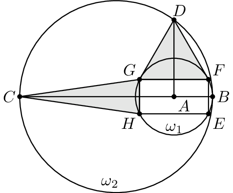 [asy] size(5cm); defaultpen(fontsize(10pt)); pair A = (9, 0), B = (15, 0), C = (-15, 0), D = (9, 12), E = (9+12/sqrt(5), -6/sqrt(5)), F = (9+12/sqrt(5), 6/sqrt(5)), G = (9-12/sqrt(5), 6/sqrt(5)), H = (9-12/sqrt(5), -6/sqrt(5)); filldraw(G--H--C--cycle, lightgray); filldraw(D--G--F--cycle, lightgray); draw(B--C); draw(A--D); draw(E--F--G--H--cycle); draw(circle((0,0), 15)); draw(circle(A, 6)); dot(A); dot(B); dot(C); dot(D); dot(E); dot(F); dot(G); dot(H); label("$A$", A, (.8, -.8)); label("$B$", B, (.8, 0)); label("$C$", C, (-.8, 0)); label("$D$", D, (.4, .8)); label("$E$", E, (.8, -.8)); label("$F$", F, (.8, .8)); label("$G$", G, (-.8, .8)); label("$H$", H, (-.8, -.8)); label("$\omega_1$", (9, -5)); label("$\omega_2$", (-1, -13.5)); [/asy]