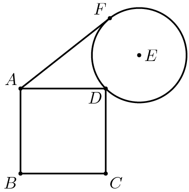 [asy]unitsize(6mm); defaultpen(linewidth(.8pt)+fontsize(10pt)); dotfactor=3; pair B=(0,0), C=(3,0), D=(3,3), A=(0,3); pair Ep=(3+5*sqrt(2)/6,3+5*sqrt(2)/6); pair F=intersectionpoints(Circle(A,sqrt(9+5*sqrt(2))),Circle(Ep,5/3))[0]; pair[] dots={A,B,C,D,Ep,F}; draw(A--F); draw(Circle(Ep,5/3)); draw(A--B--C--D--cycle); dot(dots); label("$A$",A,NW); label("$B$",B,SW); label("$C$",C,SE); label("$D$",D,SW); label("$E$",Ep,E); label("$F$",F,NW); [/asy]