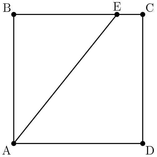 [asy] pair A,B,C,D,E; A=(0,0); B=(0,50); C=(50,50); D=(50,0); E = (40,50); draw(A--B); draw(B--E); draw(E--C); draw(C--D); draw(D--A); draw(A--E); dot(A); dot(B); dot(C); dot(D); dot(E); label("A",A,SW); label("B",B,NW); label("C",C,NE); label("D",D,SE); label("E",E,N); [/asy]
