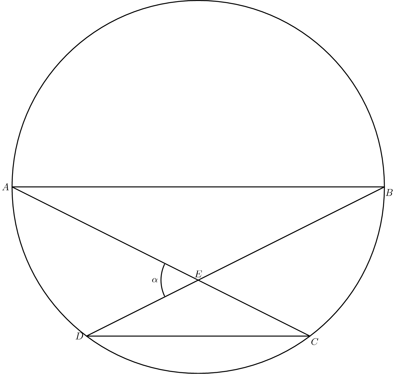 [asy] defaultpen(fontsize(10pt)+linewidth(.8pt)); pair A=(-1,0), B=(1,0), E=(0,-.4), C=(.6,-.8), D=(-.6,-.8), E=(0,-.8/(1.6)); draw(unitcircle); draw(A--B--D--C--A); draw(Arc(E,.2,155,205)); label("$A$",A,W); label("$B$",B,C); label("$C$",C,C); label("$D$",D,W); label("$\alpha$",E-(.2,0),W); label("$E$",E,N); [/asy]