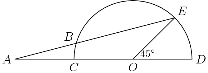 [asy] size(200); pair A=(-2,0),B,C=(-1,0),D=(1,0),EE,O=(0,0); draw(arc(O,1, 0, 180)); EE=midpoint(arc(O,1, 0, 90)); draw(A--EE); draw(A--D); B=intersectionpoint(arc(O,1, 180, 0),EE--A); draw(O--EE); label("$A$",A,W); label("$B$",B,NW); label("$C$",C,S);label("$D$",D,E);label("$E$",EE,NE);label("$O$",O,S);label("$45^\circ$",(0.25,0.1),fontsize(10pt)); //Credit to TheMaskedMagician for the diagram[/asy]