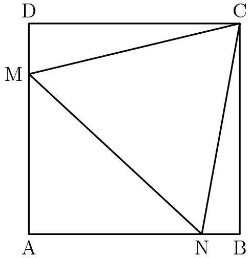 [asy] draw((0,0)--(1,0)--(1,1)--(0,1)--cycle); draw((.82,0)--(1,1)--(0,.76)--cycle); label("A", (0,0), S); label("B", (1,0), S); label("C", (1,1), N); label("D", (0,1), N); label("M", (0,.76), W); label("N", (.82,0), S);[/asy]