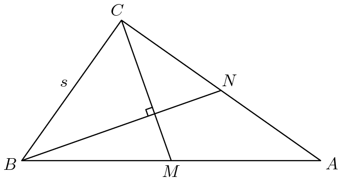 [asy] size(200); defaultpen(linewidth(0.7)+fontsize(10));real r=54.72; pair B=origin, C=dir(r), A=intersectionpoint(B--(9,0), C--C+4*dir(r-90)), M=midpoint(B--A), N=midpoint(A--C), P=intersectionpoint(B--N, C--M); draw(M--C--A--B--C^^B--N); pair point=P; markscalefactor=0.005; draw(rightanglemark(C,P,B)); label("$A$", A, dir(point--A)); label("$B$", B, dir(point--B)); label("$C$", C, dir(point--C)); label("$M$", M, S); label("$N$", N, dir(C--A)*dir(90)); label("$s$", B--C, NW);[/asy]