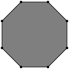 [asy] size(3cm); pair A[]; for (int i=0; i<9; ++i) { A[i] = rotate(22.5+45*i)*(1,0); } filldraw(A[0]--A[1]--A[2]--A[3]--A[4]--A[5]--A[6]--A[7]--cycle,gray,black); for (int i=0; i<8; ++i) { dot(A[i]); } [/asy]