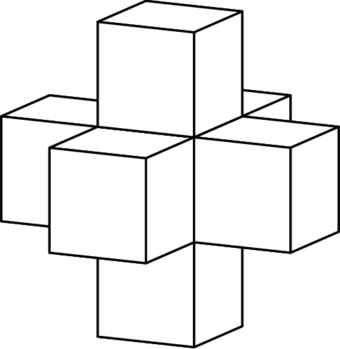 [asy] import three; defaultpen(linewidth(0.8)); real r=0.5; currentprojection=orthographic(1,1/2,1/4); draw(unitcube, white, thick(), nolight); draw(shift(1,0,0)*unitcube, white, thick(), nolight); draw(shift(1,-1,0)*unitcube, white, thick(), nolight); draw(shift(1,0,-1)*unitcube, white, thick(), nolight); draw(shift(2,0,0)*unitcube, white, thick(), nolight); draw(shift(1,1,0)*unitcube, white, thick(), nolight); draw(shift(1,0,1)*unitcube, white, thick(), nolight);[/asy]
