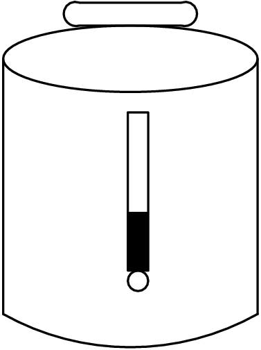 [asy] draw((5,0)..(0,-1.3)..(-5,0)); draw((5,0)--(5,10)); draw((-5,0)--(-5,10)); draw(ellipse((0,10),5,1.3)); draw(circle((.3,1.3),.4)); draw((-.1,1.7)--(-.1,7.9)--(.7,7.9)--(.7,1.7)--cycle); fill((-.1,1.7)--(-.1,4)--(.7,4)--(.7,1.7)--cycle,black); draw((-2,11.3)--(2,11.3)..(2.6,11.9)..(2,12.2)--(-2,12.2)..(-2.6,11.9)..cycle); [/asy]