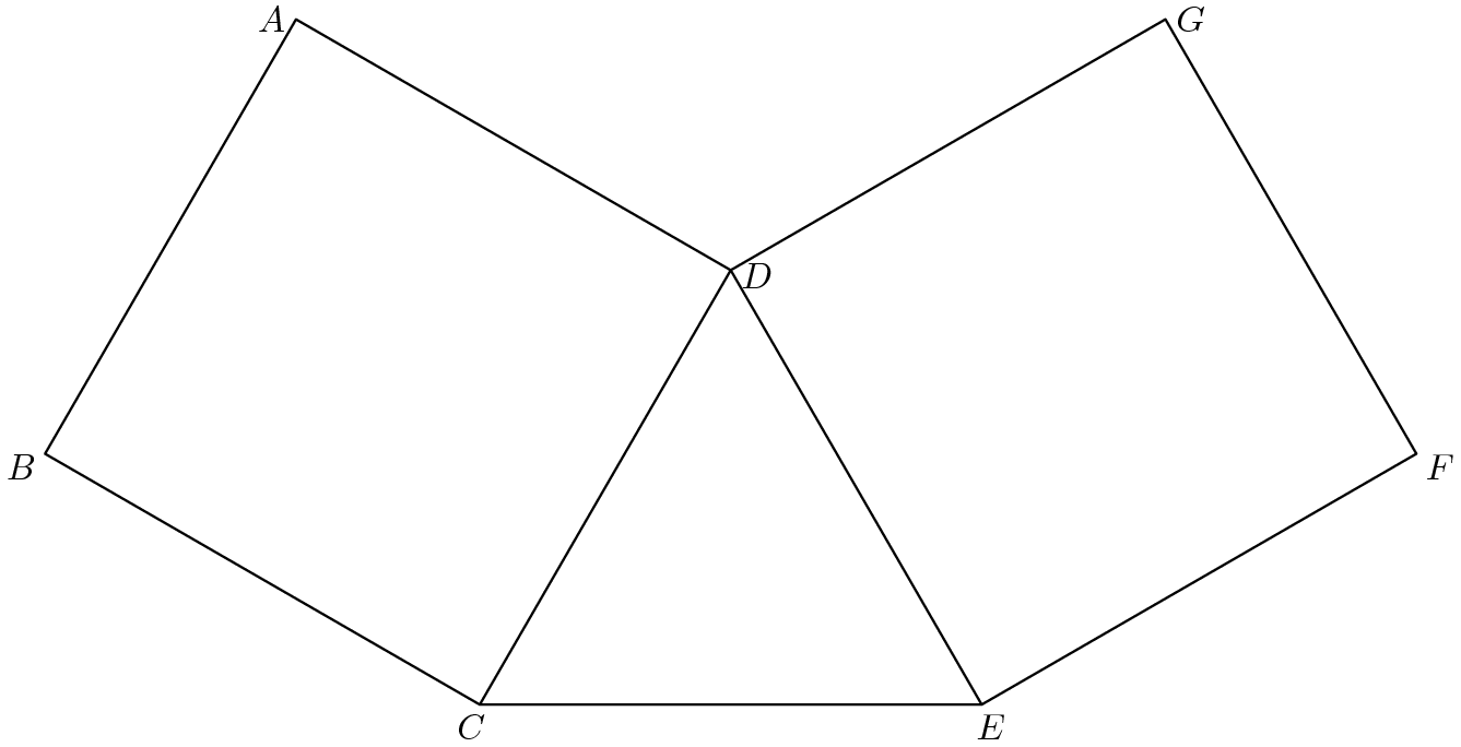 [asy] defaultpen(linewidth(0.7)+fontsize(10)); pair D=origin, C=D+dir(240), E=D+dir(300), F=E+dir(30), G=D+dir(30), A=D+dir(150), B=C+dir(150); draw(E--D--G--F--E--C--D--A--B--C); pair point=(0,0.5); label("$A$", A, dir(point--A)); label("$B$", B, dir(point--B)); label("$C$", C, dir(point--C)); label("$D$", D, dir(-15)); label("$E$", E, dir(point--E)); label("$F$", F, dir(point--F)); label("$G$", G, dir(point--G));[/asy]
