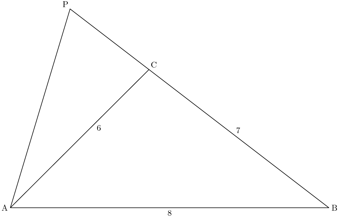 [asy] defaultpen(linewidth(0.7)+fontsize(10)); pair A=origin, P=(1.5,5), B=(8,0), C=P+2.5*dir(P--B); draw(A--P--C--A--B--C); label("A", A, W); label("B", B, E); label("C", C, NE); label("P", P, NW); label("6", 3*dir(A--C), SE); label("7", B+3*dir(B--C), NE); label("8", (4,0), S); [/asy]