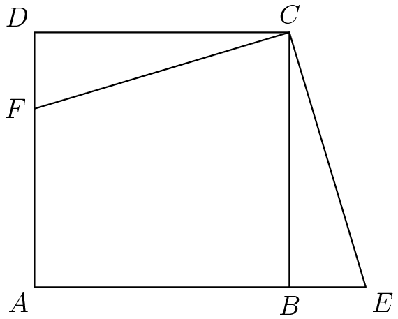 [asy] size(6cm); pair A = (0, 0), B = (1, 0), C = (1, 1), D = (0, 1), E = (1.3, 0), F = (0, 0.7); draw(A--B--C--D--cycle); draw(F--C--E--B); label("$A$", A, SW); label("$B$", B, S); label("$C$", C, N); label("$D$", D, NW); label("$E$", E, SE); label("$F$", F, W); //Credit to MSTang for the asymptote[/asy]