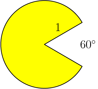 [asy] size(100); defaultpen(linewidth(0.7)); filldraw(Arc(origin,1,30,330)--dir(330)--origin--dir(30)--cycle, yellow, black); label("1", (sqrt(3)/4, 1/4), NW); label("$60^\circ$", (1,0));[/asy]