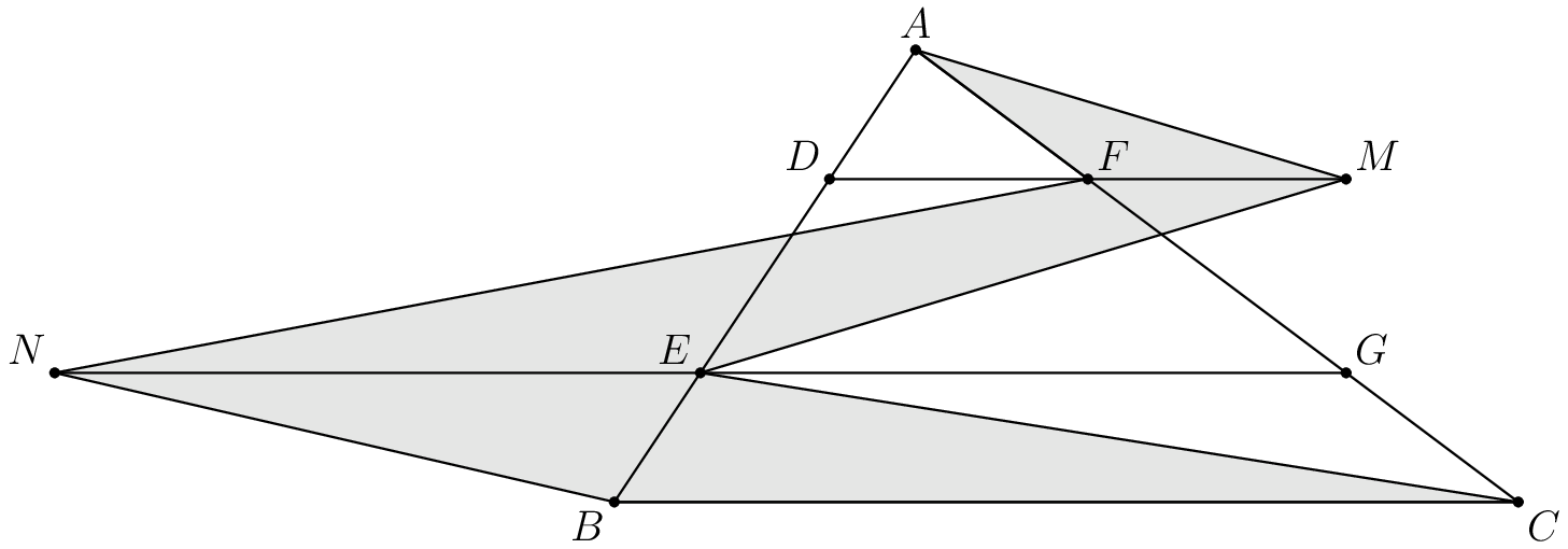 [asy] unitsize(14); pair A = (0, 9), B = (-6, 0), C = (12, 0), D = (5A + 2B)/7, E = (2A + 5B)/7, F = (5A + 2C)/7, G = (2A + 5C)/7, M = 2F - D, N = 2E - G; filldraw(A--F--N--B--C--E--M--cycle, lightgray); draw(A--B--C--cycle); draw(D--M); draw(N--G); dot(A); dot(B); dot(C); dot(D); dot(E); dot(F); dot(G); dot(M); dot(N); label("$A$", A, dir(90)); label("$B$", B, dir(225)); label("$C$", C, dir(315)); label("$D$", D, dir(135)); label("$E$", E, dir(135)); label("$F$", F, dir(45)); label("$G$", G, dir(45)); label("$M$", M, dir(45)); label("$N$", N, dir(135)); [/asy]