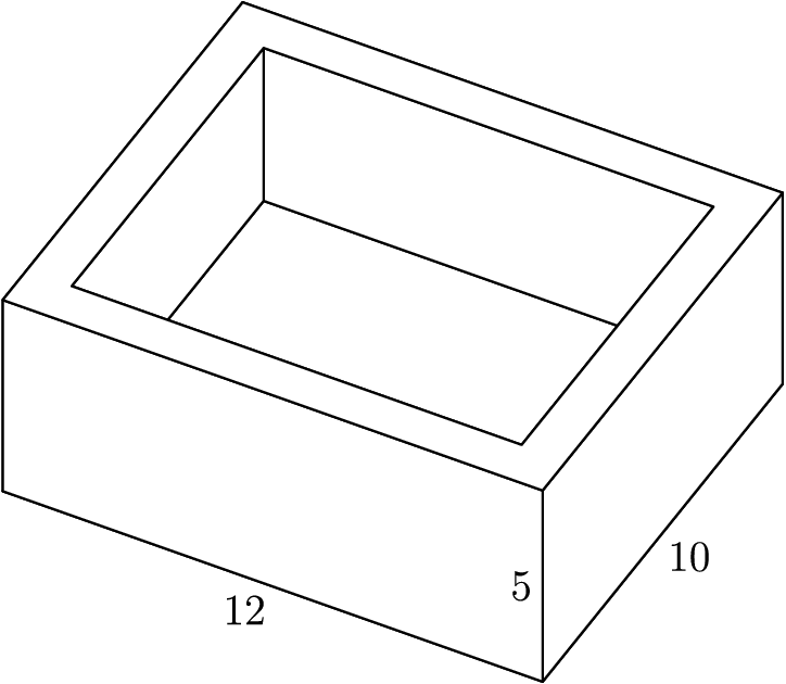 [asy] import three; size(3inch); currentprojection=orthographic(-8,15,15); triple A,B,C,D,E,F,G,H,I,J,K,L,M,N,O,P; A = (0,0,0); B = (0,10,0); C = (12,10,0); D = (12,0,0); E = (0,0,5); F = (0,10,5); G = (12,10,5); H = (12,0,5); I = (1,1,1); J = (1,9,1); K = (11,9,1); L = (11,1,1); M = (1,1,5); N = (1,9,5); O = (11,9,5); P = (11,1,5); //outside box far draw(surface(A--B--C--D--cycle),white,nolight); draw(A--B--C--D--cycle); draw(surface(E--A--D--H--cycle),white,nolight); draw(E--A--D--H--cycle); draw(surface(D--C--G--H--cycle),white,nolight); draw(D--C--G--H--cycle); //inside box far draw(surface(I--J--K--L--cycle),white,nolight); draw(I--J--K--L--cycle); draw(surface(I--L--P--M--cycle),white,nolight); draw(I--L--P--M--cycle); draw(surface(L--K--O--P--cycle),white,nolight); draw(L--K--O--P--cycle); //inside box near draw(surface(I--J--N--M--cycle),white,nolight); draw(I--J--N--M--cycle); draw(surface(J--K--O--N--cycle),white,nolight); draw(J--K--O--N--cycle); //outside box near draw(surface(A--B--F--E--cycle),white,nolight); draw(A--B--F--E--cycle); draw(surface(B--C--G--F--cycle),white,nolight); draw(B--C--G--F--cycle); //top draw(surface(E--H--P--M--cycle),white,nolight); draw(surface(E--M--N--F--cycle),white,nolight); draw(surface(F--N--O--G--cycle),white,nolight); draw(surface(O--G--H--P--cycle),white,nolight); draw(M--N--O--P--cycle); draw(E--F--G--H--cycle); label("10",(A--B),SE); label("12",(C--B),SW); label("5",(F--B),W);[/asy]