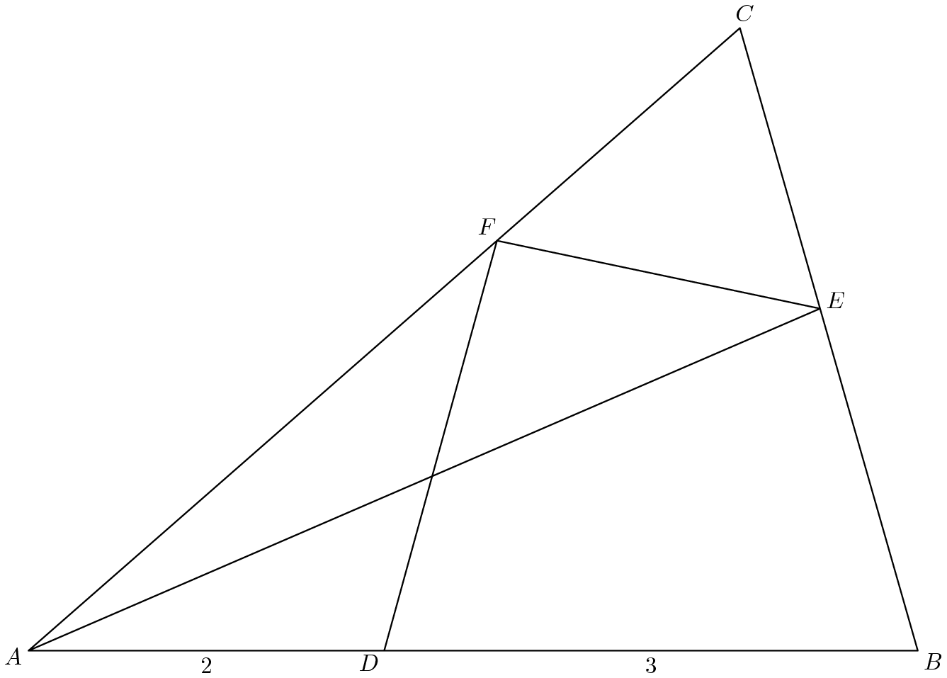 [asy] defaultpen(linewidth(0.7)+fontsize(10)); pair A=origin, B=(10,0), C=(8,7), F=7*dir(A--C), E=(10,0)+4*dir(B--C), D=4*dir(A--B); draw(A--B--C--A--E--F--D); pair point=incenter(A,B,C); label("$A$", A, dir(point--A)); label("$B$", B, dir(point--B)); label("$C$", C, dir(point--C)); label("$D$", D, dir(point--D)); label("$E$", E, dir(point--E)); label("$F$", F, dir(point--F)); label("$2$", (2,0), S); label("$3$", (7,0), S);[/asy]