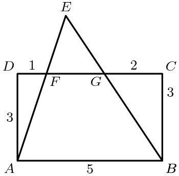 [asy] unitsize(6mm); defaultpen(linewidth(.8pt)+fontsize(8pt)); pair A=(0,0), B=(5,0), C=(5,3), D=(0,3), F=(1,3), G=(3,3); pair E=extension(A,F,B,G); draw(A--B--C--D--A--E--B); label("$A$",A,SW); label("$B$",B,SE); label("$C$",C,NE); label("$D$",D,NW); label("$E$",E,N); label("$F$",F,SE); label("$G$",G,SW); label("$B$",B,SE); label("1",midpoint(D--F),N); label("2",midpoint(G--C),N); label("3",midpoint(B--C),E); label("3",midpoint(A--D),W); label("5",midpoint(A--B),S); [/asy]