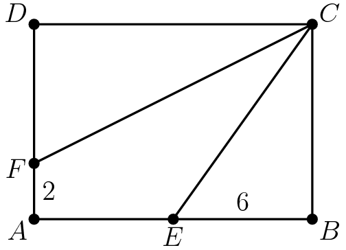 [asy] pair A=origin, B=(10,0), C=(10,7), D=(0,7), E=(5,0), F=(0,2); draw(A--B--C--D--cycle, linewidth(0.8)); draw(E--C--F); dot(A^^B^^C^^D^^E^^F); label("$A$", A, dir((5, 3.5)--A)); label("$B$", B, dir((5, 3.5)--B)); label("$C$", C, dir((5, 3.5)--C)); label("$D$", D, dir((5, 3.5)--D)); label("$E$", E, dir((5, 3.5)--E)); label("$F$", F, dir((5, 3.5)--F)); label("$2$", (0,1), dir(0)); label("$6$", (7.5,0), N);[/asy]