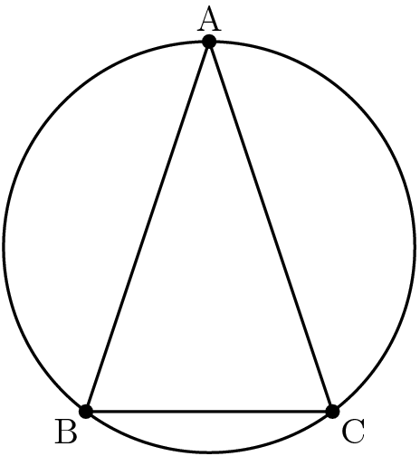 [asy] draw(Circle((0,0), 5)); draw((0,5)--(3,-4)--(-3,-4)--cycle); label("A", (0,5), N); label("B", (-3,-4), SW); label("C", (3,-4), SE); dot((0,5)); dot((3,-4)); dot((-3,-4)); [/asy]