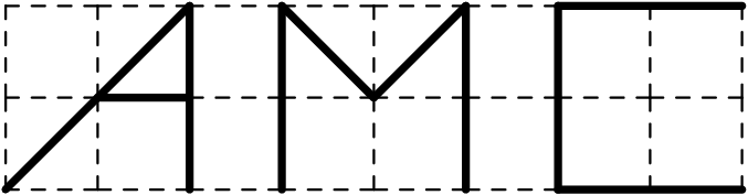 [asy] import olympiad; unitsize(25); for (int i = 0; i < 3; ++i) { for (int j = 0; j < 9; ++j) { pair A = (j,i); } } for (int i = 0; i < 3; ++i) { for (int j = 0; j < 9; ++j) { if (j != 8) { draw((j,i)--(j+1,i), dashed); } if (i != 2) { draw((j,i)--(j,i+1), dashed); } } } draw((0,0)--(2,2),linewidth(2)); draw((2,0)--(2,2),linewidth(2)); draw((1,1)--(2,1),linewidth(2)); draw((3,0)--(3,2),linewidth(2)); draw((5,0)--(5,2),linewidth(2)); draw((4,1)--(3,2),linewidth(2)); draw((4,1)--(5,2),linewidth(2)); draw((6,0)--(8,0),linewidth(2)); draw((6,2)--(8,2),linewidth(2)); draw((6,0)--(6,2),linewidth(2)); [/asy]