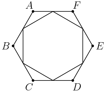 [asy] size(120); draw(rotate(30)*polygon(6)); draw(scale(2/sqrt(3))*polygon(6)); pair A=2/sqrt(3)*dir(120), B=2/sqrt(3)*dir(180), C=2/sqrt(3)*dir(240), D=2/sqrt(3)*dir(300), E=2/sqrt(3)*dir(0), F=2/sqrt(3)*dir(60); dot(A^^B^^C^^D^^E^^F); label("$A$", A, dir(origin--A)); label("$B$", B, dir(origin--B)); label("$C$", C, dir(origin--C)); label("$D$", D, dir(origin--D)); label("$E$", E, dir(origin--E)); label("$F$", F, dir(origin--F)); [/asy]