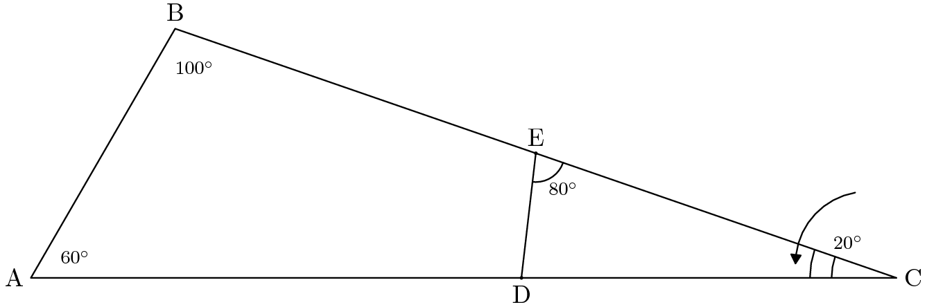 [asy] size(200); import cse5; pathpen=black; anglefontpen=black; pointpen=black; anglepen=black; dotfactor=3; pair A=(0,0),B=(0.5,0.5*sqrt(3)),C=(3,0),D=(1.7,0),EE; EE=(B+C)/2; D(MP("$A$",A,W)--MP("$B$",B,N)--MP("$C$",C,E)--cycle); D(MP("$E$",EE,N)--MP("$D$",D,S)); D(D);D(EE); MA("80^\circ",8,D,EE,C,0.1); MA("20^\circ",8,EE,C,D,0.3,2,shift(1,3)*C); draw(arc(shift(-0.1,0.05)*C,0.25,100,180),arrow =ArcArrow()); MA("100^\circ",8,A,B,C,0.1,0); MA("60^\circ",8,C,A,B,0.1,0); //Credit to TheMaskedMagician for the diagram [/asy]