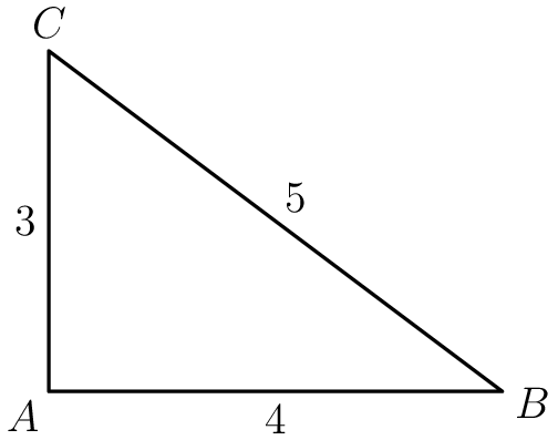 [asy] draw((0,0)--(4,0)--(0,3)--(0,0)); label("$A$", (0,0), SW); label("$B$", (4,0), ESE); label("$C$", (0, 3), N); label("$3$", (0, 1.5), W); label("$4$", (2, 0), S); label("$5$", (2, 1.5), NE);[/asy]
