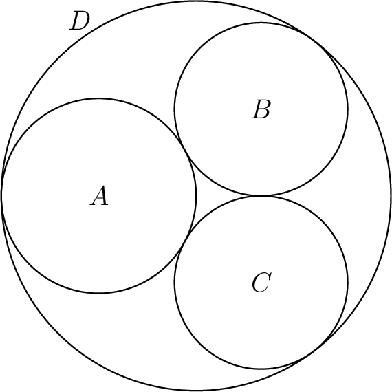 [asy] unitsize(15mm); pair A=(-1,0),B=(2/3,8/9),C=(2/3,-8/9),D=(0,0); draw(Circle(D,2)); draw(Circle(A,1)); draw(Circle(B,8/9)); draw(Circle(C,8/9)); label("\(A\)", A); label("\(B\)", B); label("\(C\)", C); label("\(D\)", (-1.2,1.8)); [/asy]