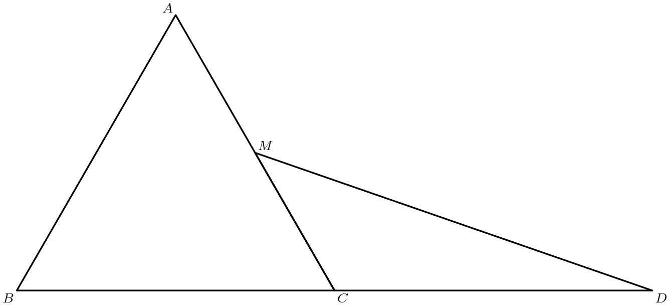 [asy]defaultpen(linewidth(.8pt)+fontsize(8pt)); pair B = (0,0); pair A = 2*dir(60); pair C = (2,0); pair D = (4,0); pair M = midpoint(A--C); label("$A$",A,NW);label("$B$",B,SW);label("$C$",C, SE);label("$M$",M,NE);label("$D$",D,SE); draw(A--B--C--cycle); draw(C--D--M--cycle);[/asy]