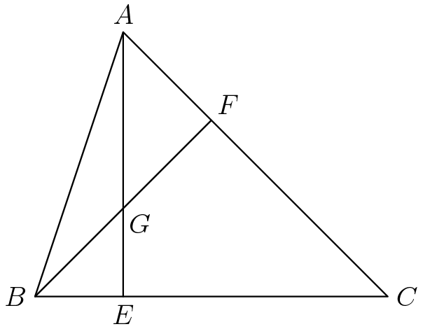 [asy] size(2.5inch); pair A, B, C, E, F, G; A = (0,3); B = (-1,0); C = (3,0); E = (0,0); F = (1,2); G = intersectionpoint(B--F,A--E); draw(A--B--C--cycle); draw(A--E); draw(B--F); label("$A$",A,N); label("$B$",B,W); label("$C$",C,dir(0)); label("$E$",E,S); label("$F$",F,NE); label("$G$",G,SE); //Credit to chezbgone2 for the diagram[/asy]