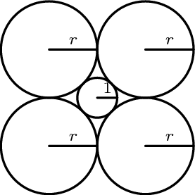 [asy] unitsize(3mm); defaultpen(linewidth(.8pt)+fontsize(7pt)); dotfactor=4; real r1=1, r2=1+sqrt(2); pair A=(0,0), B=(1+sqrt(2),1+sqrt(2)), C=(-1-sqrt(2),1+sqrt(2)), D=(-1-sqrt(2),-1-sqrt(2)), E=(1+sqrt(2),-1-sqrt(2)); pair A1=(1,0), B1=(2+2sqrt(2),1+sqrt(2)), C1=(0,1+sqrt(2)), D1=(0,-1-sqrt(2)), E1=(2+2sqrt(2),-1-sqrt(2)); path circleA=Circle(A,r1); path circleB=Circle(B,r2); path circleC=Circle(C,r2); path circleD=Circle(D,r2); path circleE=Circle(E,r2); draw(circleA); draw(circleB); draw(circleC); draw(circleD); draw(circleE); draw(A--A1); draw(B--B1); draw(C--C1); draw(D--D1); draw(E--E1); label("$1$",midpoint(A--A1),N); label("$r$",midpoint(B--B1),N); label("$r$",midpoint(C--C1),N); label("$r$",midpoint(D--D1),N); label("$r$",midpoint(E--E1),N); [/asy]