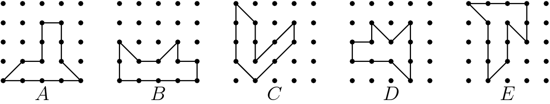 [asy] size(330); int i,j,k; for(i=0;i<5; i=i+1) { for(j=0;j<5;j=j+1) { for(k=0;k<5;k=k+1) { dot((6i+j, k)); }}} draw((0,0)--(4,0)--(3,1)--(3,3)--(2,3)--(2,1)--(1,1)--cycle); draw(shift(6,0)*((0,0)--(4,0)--(4,1)--(3,1)--(3,2)--(2,1)--(1,1)--(0,2)--cycle)); draw(shift(12,0)*((0,1)--(1,0)--(3,2)--(3,3)--(1,1)--(1,3)--(0,4)--cycle)); draw(shift(18,0)*((0,1)--(2,1)--(3,0)--(3,3)--(2,2)--(1,3)--(1,2)--(0,2)--cycle)); draw(shift(24,0)*((1,0)--(2,1)--(2,3)--(3,2)--(3,4)--(0,4)--(1,3)--cycle)); label("$A$", (0*6+2, 0), S); label("$B$", (1*6+2, 0), S); label("$C$", (2*6+2, 0), S); label("$D$", (3*6+2, 0), S); label("$E$", (4*6+2, 0), S);[/asy]