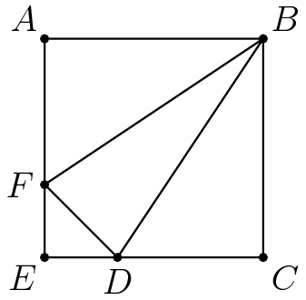 [asy] size((100)); draw((0,0)--(9,0)--(9,9)--(0,9)--cycle); draw((3,0)--(9,9)--(0,3)--cycle); dot((3,0)); dot((0,3)); dot((9,9)); dot((0,0)); dot((9,0)); dot((0,9)); label("$A$", (0,9), NW); label("$B$", (9,9), NE); label("$C$", (9,0), SE); label("$D$", (3,0), S); label("$E$", (0,0), SW); label("$F$", (0,3), W); [/asy]