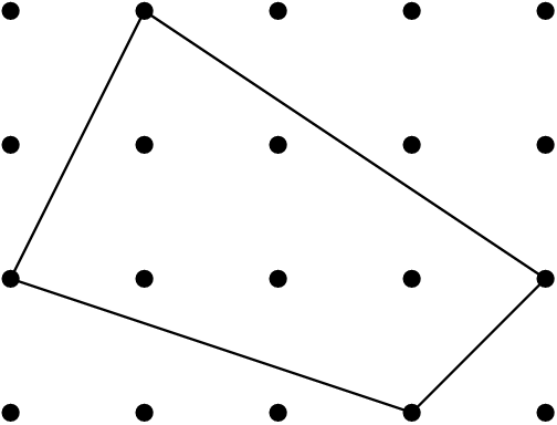 [asy] int i,j; for(i=0; i<5; i=i+1) { for(j=0; j<4; j=j+1) { dot((i,j)); }} draw((0,1)--(1,3)--(4,1)--(3,0)--cycle, linewidth(0.7));[/asy]