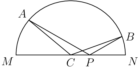 [asy] import geometry; import graph; unitsize(2 cm); pair A, B, C, M, N, P; M = (-1,0); N = (1,0); C = (0,0); A = dir(140); B = dir(20); P = extension(A, A + rotate(10)*(C - A), B, B + rotate(10)*(C - B)); draw(M--N); draw(arc(C,1,0,180)); draw(A--C--B); draw(A--P--B); label("$A$", A, NW); label("$B$", B, E); label("$C$", C, S); label("$M$", M, SW); label("$N$", N, SE); label("$P$", P, S); [/asy]