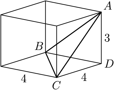 [asy] size(120); import three; currentprojection=orthographic(1, 4/5, 1/3); draw(box(O, (4,4,3))); triple A=(0,4,3), B=(0,0,0) , C=(4,4,0), D=(0,4,0); draw(A--B--C--cycle, linewidth(0.9)); label("$A$", A, NE); label("$B$", B, NW); label("$C$", C, S); label("$D$", D, E); label("$4$", (4,2,0), SW); label("$4$", (2,4,0), SE); label("$3$", (0, 4, 1.5), E); [/asy]