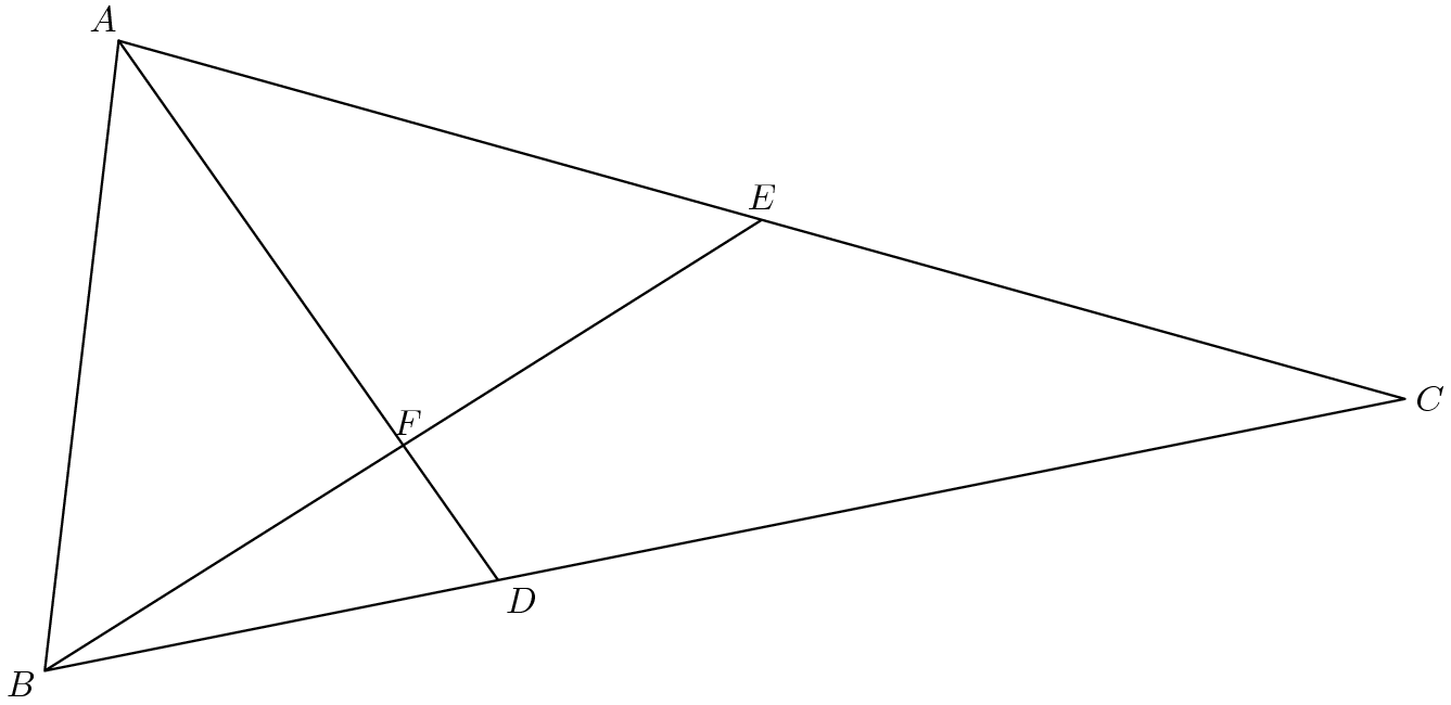 [asy] defaultpen(linewidth(0.7)+fontsize(10)); pair B=origin, C=(15,3), D=(5,1), A=7*dir(72)*dir(B--C), E=midpoint(A--C), F=intersectionpoint(A--D, B--E); draw(E--B--A--C--B^^A--D); label("$A$", A, dir(D--A)); label("$B$", B, dir(E--B)); label("$C$", C, dir(0)); label("$D$", D, SE); label("$E$", E, N); label("$F$", F, dir(80));[/asy]