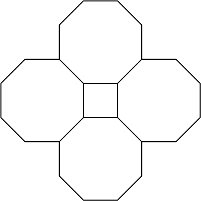 [asy] size(200); defaultpen(linewidth(0.8)); draw(unitsquare); path p=(0,1)--(1,1)--(1+sqrt(2)/2,1+sqrt(2)/2)--(1+sqrt(2)/2,2+sqrt(2)/2)--(1,2+sqrt(2))--(0,2+sqrt(2))--(-sqrt(2)/2,2+sqrt(2)/2)--(-sqrt(2)/2,1+sqrt(2)/2)--cycle; draw(p); draw(shift((1+sqrt(2)/2,-sqrt(2)/2-1))*p); draw(shift((0,-2-sqrt(2)))*p); draw(shift((-1-sqrt(2)/2,-sqrt(2)/2-1))*p);[/asy]