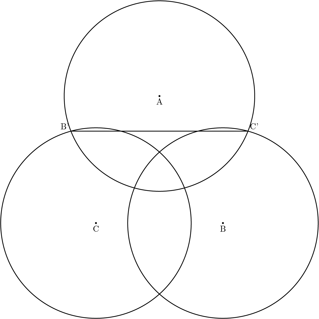 [asy] import cse5; pathpen=black; pointpen=black; dotfactor=3; pair A=(1,2),B=(2,0),C=(0,0); D(CR(A,1.5)); D(CR(B,1.5)); D(CR(C,1.5)); D(MP("$A$",A)); D(MP("$B$",B)); D(MP("$C$",C)); pair[] BB,CC; CC=IPs(CR(A,1.5),CR(B,1.5)); BB=IPs(CR(A,1.5),CR(C,1.5)); D(BB[0]--CC[1]); MP("$B'$",BB[0],NW);MP("$C'$",CC[1],NE); //Credit to TheMaskedMagician for the diagram[/asy]