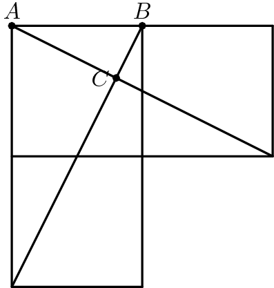 [asy] size(200); unitsize(2cm); defaultpen(linewidth(.8pt)+fontsize(10pt)); dotfactor=4; pair A=(0,0), B=(1,0); pair C=(0.8,-0.4); draw(A--(2,0)); draw((0,-1)--(2,-1)); draw((0,-2)--(1,-2)); draw(A--(0,-2)); draw(B--(1,-2)); draw((2,0)--(2,-1)); draw(A--(2,-1)); draw(B--(0,-2)); pair[] ps={A,B,C}; dot(ps); label("$A$",A,N); label("$B$",B,N); label("$C$",C,W); [/asy]