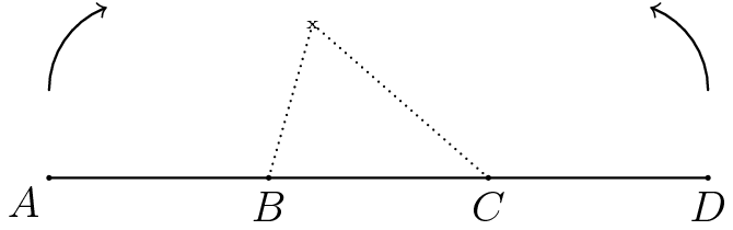 [asy] size(200); dotfactor=3; pair A=(0,0),B=(1,0),C=(2,0),D=(3,0),X=(1.2,0.7); draw(A--D); dot(A);dot(B);dot(C);dot(D); draw(arc((0.4,0.4),0.4,180,110),arrow = Arrow(TeXHead)); draw(arc((2.6,0.4),0.4,0,70),arrow = Arrow(TeXHead)); draw(B--X,dotted); draw(C--X,dotted); label("$A$",A,SW); label("$B$",B,S); label("$C$",C,S); label("$D$",D,S); label("x",X,fontsize(5pt)); //Credit to TheMaskedMagician for the diagram [/asy]