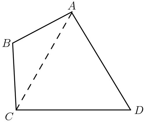 [asy]draw((0,0)--(17,0)); draw(rotate(301, (17,0))*(0,0)--(17,0)); picture p; draw(p, (0,0)--(0,10)); draw(p, rotate(115, (0,10))*(0,0)--(0,10)); add(rotate(3)*p); draw((0,0)--(8.25,14.5), linetype("8 8")); label("$A$", (8.25, 14.5), N); label("$B$", (-0.25, 10), W); label("$C$", (0,0), SW); label("$D$", (17, 0), E);[/asy]