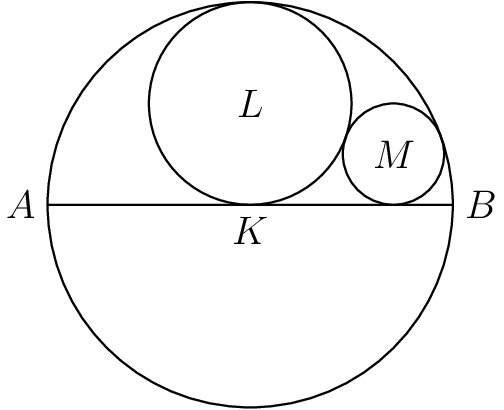 [asy] /* Made by Klaus-Anton, Edited by MRENTHUSIASM */ size(150); pair K=(0,0),B=(1,0),A=(-1,0),L=(0,0.5),M=(sqrt(2)/2,.25); draw(circle(K,1)^^A--B); draw(circle(L,0.5)^^circle(M,.25)); label("$A$", A, W); label("$K$", K, S); label("$B$", B, E); label("$L$", L); label("$M$", M); [/asy]