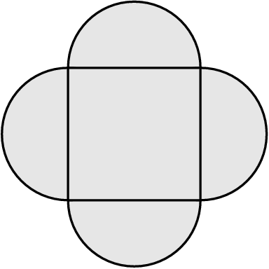 [asy] unitsize(1cm); defaultpen(.8); filldraw( circle( (0,1), 1 ), lightgray, black ); filldraw( circle( (0,-1), 1 ), lightgray, black ); filldraw( circle( (1,0), 1 ), lightgray, black ); filldraw( circle( (-1,0), 1 ), lightgray, black ); filldraw( (-1,-1)--(-1,1)--(1,1)--(1,-1)--cycle, lightgray, black ); [/asy]