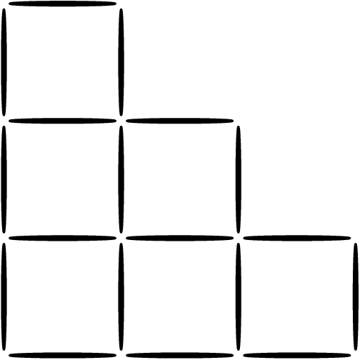 [asy] size(150); defaultpen(linewidth(0.8)); path h = ellipse((0.5,0),0.45,0.015), v = ellipse((0,0.5),0.015,0.45); for(int i=0;i<=2;i=i+1) { for(int j=0;j<=3-i;j=j+1) { filldraw(shift((i,j))*h,black); filldraw(shift((j,i))*v,black); } } [/asy]